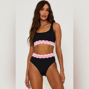 Beach Riot Black High Rise Bikini with Pink Scallop Trim